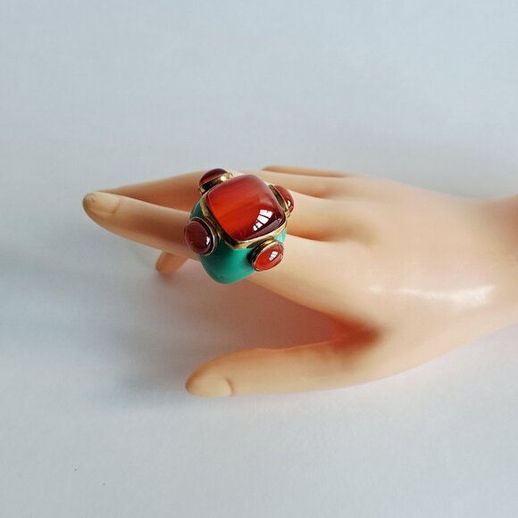 New Angelique de Paris Large Square Orange Natural Stones Blue Ring Size 7 - Picture 16 of 17